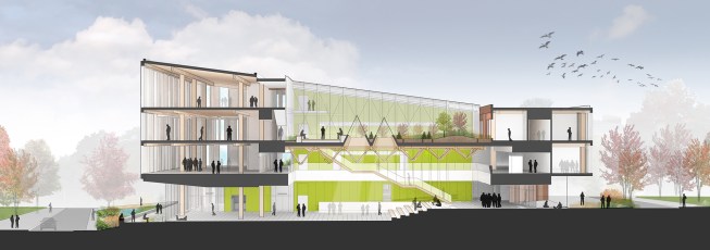 Section through the UMass Amherst Design building. The zipper trusses are featured prominently in the central commons.