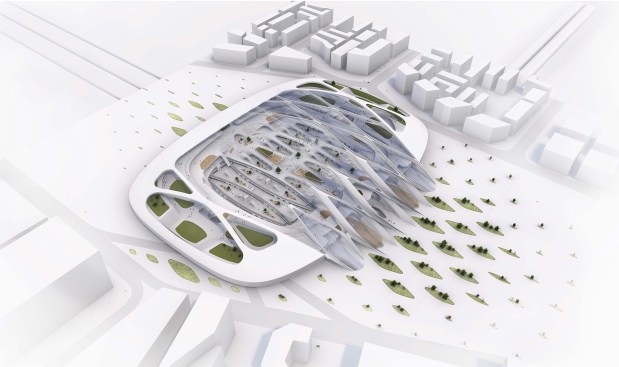 Rendering of a Hyperloop Hub incorporated into existing infrastructure