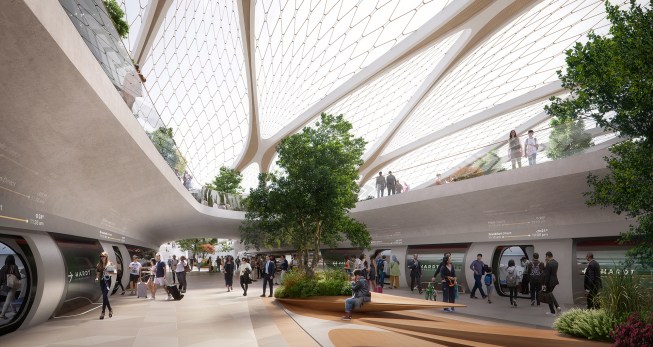 Pedestrians explore the upper level of a Hyperloop hub while commuters enter and exit trains.