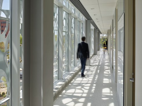 View of the scrim wall corridor during the day.
