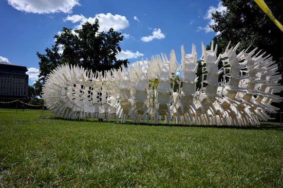 The Urchin pavilion is assembled from 500 plastic chairs. Once the structure was disassembled, CODA cleaned the chairs and donated them to a school in the Gambia.