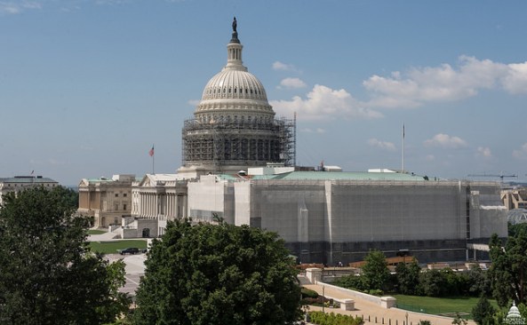 A scaffolding system was utilized on the exterior of the Capitol so that workers could both transfer materials to the site and work on it firsthand.
