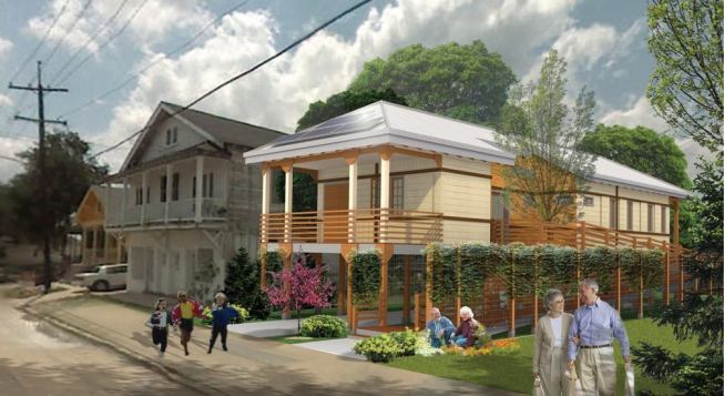 Elevated to 8 feet above grade, the concept created by the Greenboy Design team from the University of Hawaii integrates an exterior ADA-compliant ramp and stairway that direct visitors to a side entry, where a niche carved into the structure offers an inviting elevated patio and connection to nature.