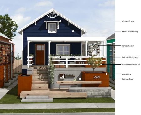 Created by the architects and engineers of FreeGreen.com and ZeroEnergy Design, the Little Easy concept features exterior deck platforms at several different levels that each work as distinct outdoor living spaces.