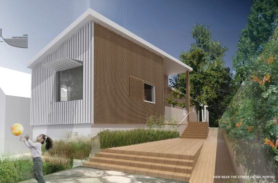 Buro Happold Consulting Engineers and Rogers Marvel Architects adapted the shotgun house typology into a wedge-shaped footprint that incorporates the exterior ADA-compliant ramp as an integral design feature and creates public and private outdoor spaces.