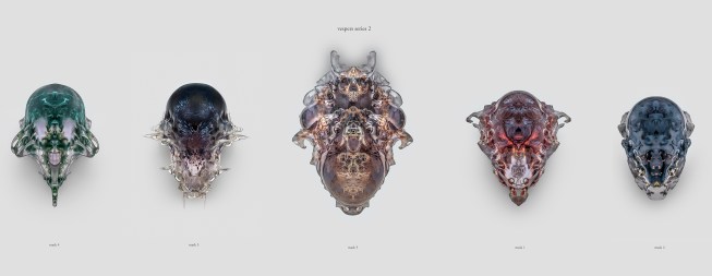 Left to right: Masks 4, 3, 5, 1, and 2 in the Present series, Vespers collection. Designed by Neri Oxman and members of the Mediated Matter Group and 3D printed by Stratasys.