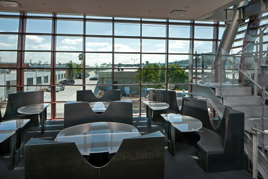  Dining room interior on second level, with view of furniture designed by the architect