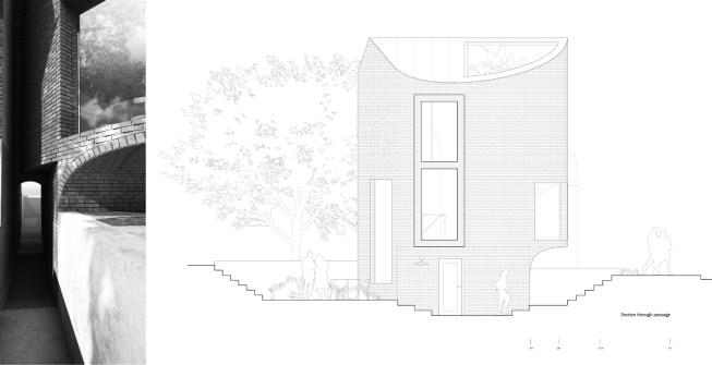 L to r: An exterior passage connects the front and rear yards while an above bridge connection joins the existing house to the new addition; Section through passage