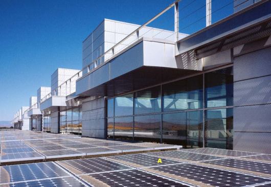 More PV panels on the roof complete the campus energy strategy, which is to create nearly 70 percent of the needed power on site. 
A  Building-integrated photovoltaic panels Golden Solar Energy 
www.goldensolar.com Custom building intergrated PV modules can be built to any shape and size within general specifications  3/4-inch-thick glass up to 66 inches by 52 inches  Spacing between solar cells can be anywhere between 1/16 and 1 1/2 inches  Cells can be connected in series or in parallel