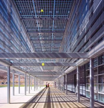 Each museum features a loggia on the plaza side of the building, with a canopy of photovoltaic cells and sunshades of metal mesh. 
A  6-inch-square photovoltaic cells Sharp 
www.sharpusa.com    Solar modules available from 62 watts to 208 watts of generated power  Cells range from 4 inches to 6 inches on a side  Rectangular and triangular framing options allow the user to most effectively fill available space to generate the maximum amount of power  Monocrystalline silicon solar cells used in every installation 
B  Steel structure Columbia Steel 
www.columbiasteelinc.com    Custom fabrication of structural steel frames as well as installation of finish work detailed in other metals  Highly automated equipment makes the process of fabrication and installation faster and more efficient