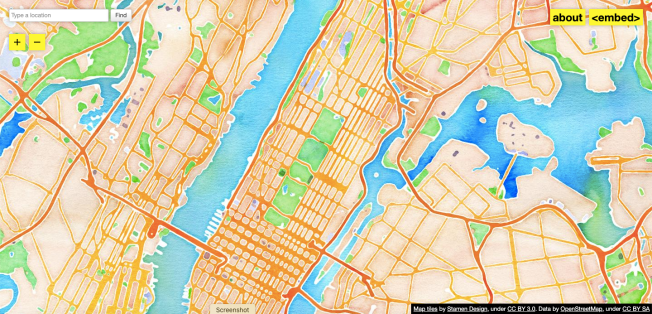 Website, Watercolor Maptiles, 2012-15, live version 2020-21; designed by Eric Rodenbeck, Zachary Watson, Geraldine Sarmiento, Michal Migurski, and Nathaniel Kelso, Stamen Design
