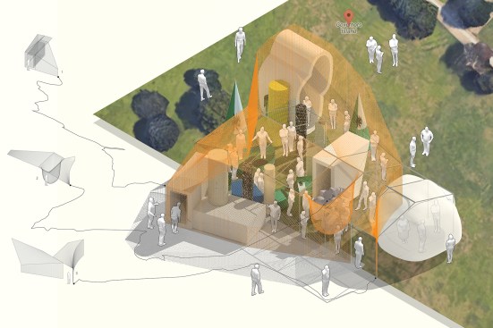 Welcome Tent was a proposal for a pavilion on Governors Island in New York Harbor. New Affiliates recycled components of other pavilions into a hybrid structure that sits under a construction-net envelope.