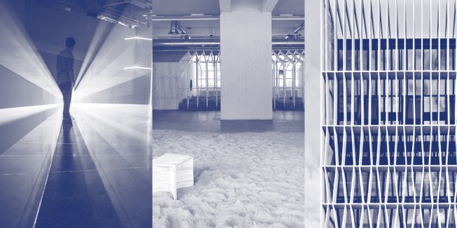 Finalists' Work (left to right): Quynh Vantu’s installation Variable Measure (McColl Center for Art and Innovation, 2014) invites viewers into a space with walls, ceilings, and corridors defined by light and haze. (Photo: Ben Premeaux) || Malkit Shoshan’s exhibition Zoo, or the Letter Z, just after Zionism (exhibited at NAiM, 2011) features a cage that transforms into a house and falls apart. (Photo: Johannes Schwarz) || Erik L'Heureux’s design of a factory building facade (Singapore, 2009–12) features a lightweight EIFS (exterior insulation and finishing system); the profile of the "deep veil" is a changing geometry geared at increasing performance. (Photo: Kenneth Choo).