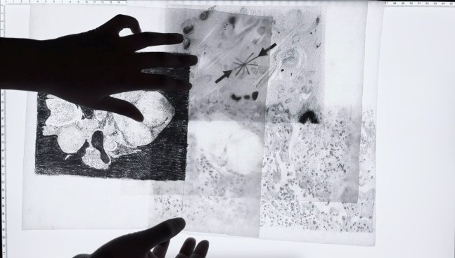 Still from Whisper Network Intelsat 502, 2022, performance and drawings (graphite on tarkovski paper).