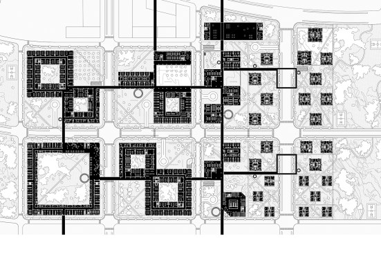 This master plan proposal for the Xi’an Technology Campus in China features a checkerboard of different building types that are connected by a network of elevated pedestrian bridges.