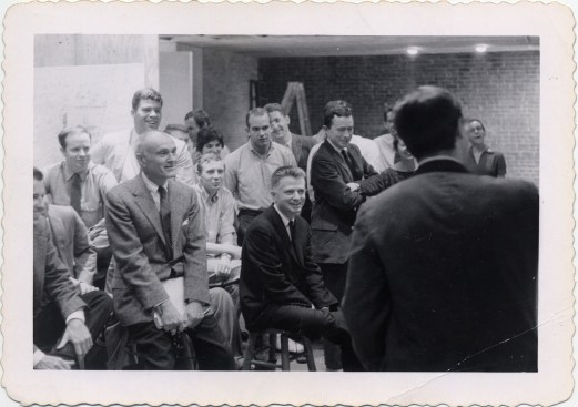 Fourth year School of Architecture jury in 1960. Front row: Philip Johnson, Paul Rudolph, and Vincent Scully