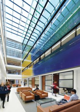 A triple-height atrium is programmed with lounge furniture to promote interaction between the students 

and faculty.
