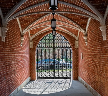 One of the main gates in Benjamin Franklin College. These were designed with the help of iron workers at Kovac, who fabricated the ornate main gates of the new complex, following a long-standing design tradition at Yale's residential colleges.