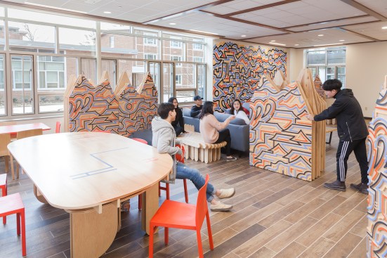 Designed in collaboration with New York–based artist Yoon Hyup, this furniture series for the Young Sam Kim Korean Student Center at Binghamton University, in Upstate New York, includes a table, benches, and a screen module made of wood to evoke the traditional Korean home and is finished with abstracted houses, rivers, and mountains. “The ideal Korean house sits facing a river, with mountains at its back,” the firm explains. “For students who are away from home, we built all three.”