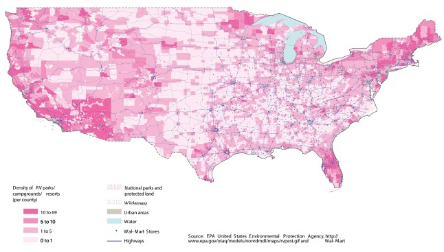 An urban context map of senior RV parks/campgrounds/resorts, with dark pink indicating the highest densities and dots representing Walmart stores