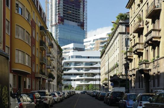 The Hadid-designed residences as viewed from the neighborhood context of Milan.