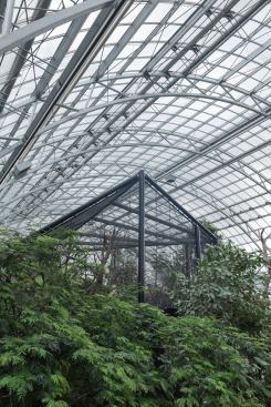 Inside the greenhouse, tropical animals are housed within aviary structures similar to the ones outside.