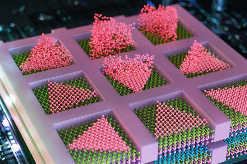 MIT engineers have developed a method to seamlessly stack electronic layers to create faster, denser, more powerful computer chips. The team deposits semiconducting particles (in pink) as triangles within confined squares, to create high-quality electronic elements, directly atop other semiconducting layers (shown in layers of purple, blue, and green). Credit: Cube 3D Graphic/MIT.